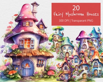 Magical Fairies Mushroom Houses Clip Art - Ensemble de 18 dessins - PNG transparents - Téléchargement instantané - Fée, Magie, Grotte