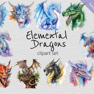 Elemental Dragons Watercolour Clip Art set- 57 Designs - Transparent PNG - Commercial Use - Fantasy, Black, Dragon eggs, Head, Lightening.