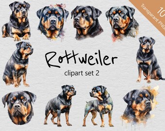 Rottweiler Aquarelle Clip Art Set 2 - Ensemble de 10 designs - PNG transparents - Téléchargement instantané - Parfait pour les projets créatifs