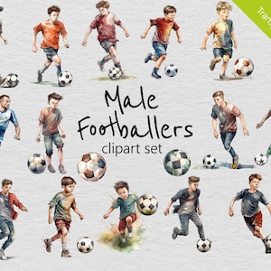 男性サッカー選手の水彩画クリップ アート セット - 16 種類のデザイン - 透明 PNG - 商用利用 - サッカーをする少年、サッカー、十代の若者、子供、キッズ