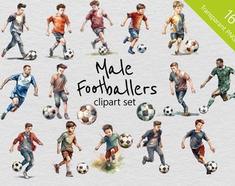 Footballeurs masculins aquarelle Clip Art ensemble-16 dessins-PNG transparent-usage Commercial-garçons jouant au Football, Football, adolescents, enfant, enfants