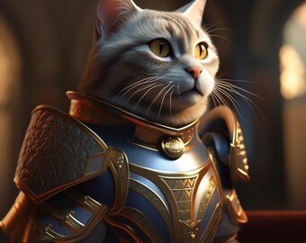 May include: A grey tabby cat wearing a gold and blue armour costume. The cat is looking to the right of the frame.