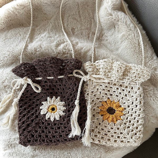 Crochet flower drawstring bag