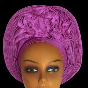 Lilac color African head tie Aso Oke Autogele for ladies, ready to wear. It&#39;s fashionable.