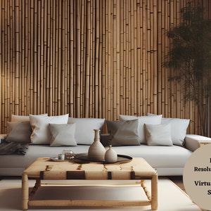 Może przedstawiać: Biała kanapa z poduszkami stoi przed ścianą wykonaną z bambusa. Przed kanapą stoi drewniany stolik kawowy z tacą z ozdobnymi przedmiotami. W rogu pokoju stoi czarna lampa stojąca z czarnym abażurem.