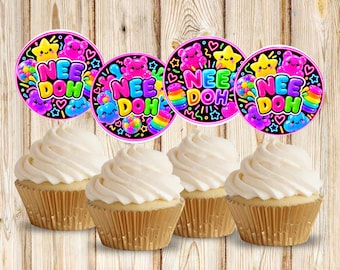 Decorazioni per cupcake Nee Doh, decorazioni per cupcake di compleanno con giocattoli antistress, decorazioni per feste di compleanno al neon, decorazioni sensoriali per feste, decorazioni stampabili