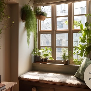 Op de afbeelding: Een vensterbank met een wit kunstbont kussen en een groen kussen. Het venster is omringd door planten, waaronder een hangende varen en een potplant op de vensterbank.