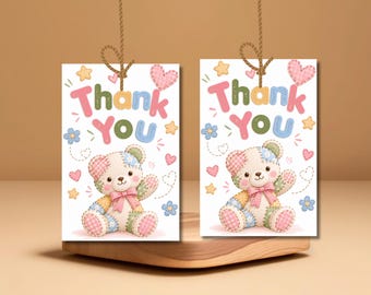 Biglietto di ringraziamento con orsetto patchwork, biglietto di ringraziamento per compleanno con orsetto, biglietto di ringraziamento per festa a tema patchwork, compleanno per bambini, modello Canva modificabile