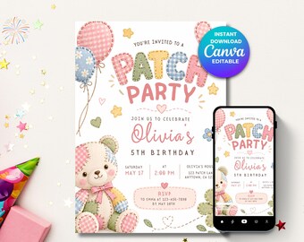 Invito per la festa di compleanno a tema patch, Invito di compleanno a tema patch, Festa di compleanno colorata per bambini, Invito di compleanno divertente, Modello Canva modificabile