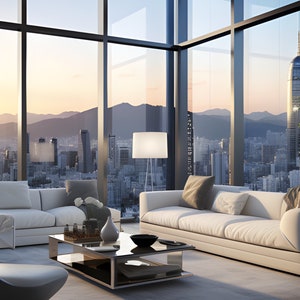 May include: A modern living room with floor-to-ceiling windows overlooking a city skyline. The room features a white sofa, a white armchair, a coffee table, and a floor lamp. A potted plant is in the corner of the room.