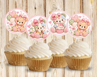 Decorazioni per cupcake a tema orsetto patchwork, decorazioni per cupcake di compleanno con orsetto, decorazioni per feste a tema orsetto patchwork, decorazioni di compleanno stampabili