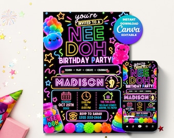 Invito per la festa di compleanno Neon Nee Doh, Invito di compleanno neon, Invito colorato per festa antistress, Invito di compleanno per bambini, Canvas modificabile