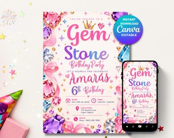 Invito di compleanno con pietre preziose, invito per festa di compleanno con gioielli, invito di compleanno scintillante, modello Canva modificabile, invito di compleanno digitale