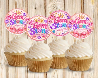 Decorazioni per cupcake a forma di gemma, decorazioni per cupcake di compleanno a tema gioielli, decorazioni scintillanti per feste di compleanno, decorazioni per feste stampabili, modello digitale