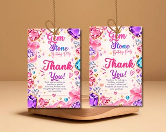 Biglietto di ringraziamento per compleanno con pietre preziose, biglietto di ringraziamento per compleanno con gioielli, modello di ringraziamento modificabile su Canva, biglietto di ringraziamento scintillante per feste