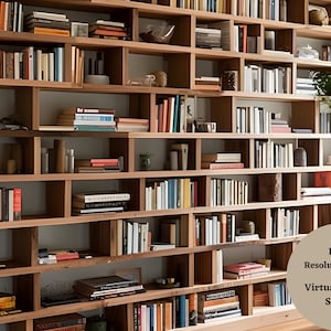 Puede incluir: Una gran estantería de madera con múltiples estantes llenos de libros. La estantería tiene un diseño único con compartimentos abiertos y cerrados.