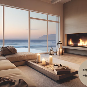 May include: A modern living room with a large window overlooking the ocean. A beige sectional sofa, a wooden coffee table with candles, and a fireplace with a burning fire are visible. The image includes the text "High Resolution Image by Virtual Market Studio."