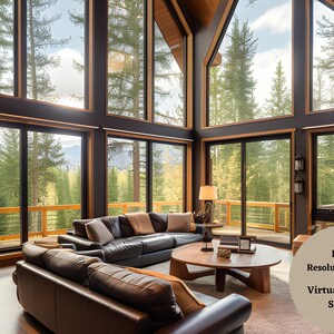 May include: A spacious living room with large windows overlooking a forest. The room features a fireplace, two leather sofas, a coffee table, and floor lamps. The windows are framed in dark wood and the walls are painted a dark gray.