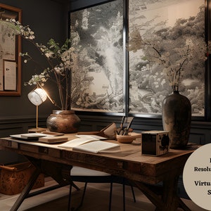 May include: A dark wood desk with a black metal chair, a lamp with a white shade, a vase with white flowers, and two books. The desk is in front of a window with a black frame and a black and white print of a landscape. The text "High Resolution Image by Virtual Market Studio" is in the lower right corner of the image.
