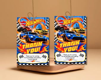 Biglietto di ringraziamento Hot Wheels, biglietto di ringraziamento per compleanno a tema corse automobilistiche, biglietto di ringraziamento per festa a tema auto da corsa, biglietto di ringraziamento per compleanno di un bambino, modello Canva modificabile