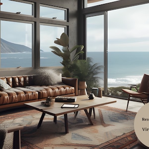 Puede incluir: Una sala de estar con un gran sofá de cuero, una mesa de café y una silla. La habitación tiene grandes ventanas con vista al océano y una montaña en la distancia. La habitación está decorada con plantas y una alfombra.