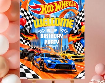 Cartello di benvenuto per il compleanno a tema Hot Wheels, decorazioni per feste a tema Hot Wheels, cartello di compleanno con auto da corsa, cartello di benvenuto per il compleanno di un bambino, modello Canva modificabile