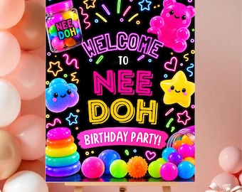 Cartello di benvenuto per il compleanno Nee Doh, decorazione per feste di compleanno con giocattoli antistress, cartello di benvenuto al neon per il compleanno, decorazione sensoriale per feste, tela modificabile