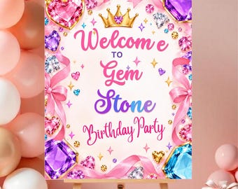 Cartello di benvenuto per la festa di compleanno con pietre preziose, cartello di benvenuto per il compleanno con gioielli, decorazioni scintillanti per la festa di compleanno, modello Canva modificabile, cartello digitale