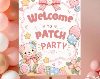 Cartello di benvenuto per la festa a tema patch, decorazioni per la festa di compleanno a tema patch, cartello di benvenuto per il compleanno dei bambini, cartello colorato per la festa, modello Canva modificabile