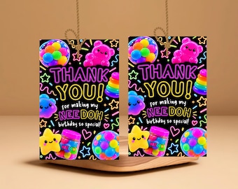 Biglietto di ringraziamento per il compleanno Neon Nee Doh, biglietto di ringraziamento per compleanno antistress, biglietto di ringraziamento per festa neon, compleanno sensoriale, modello Canva modificabile