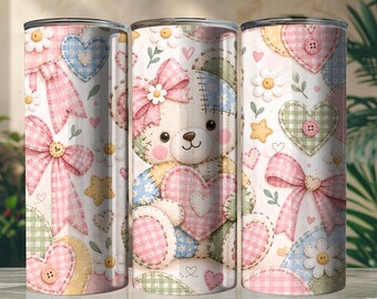 Rivestimento per bicchiere con orsetto patchwork, design per bicchiere con orsetto, bicchiere con orsetto patchwork, rivestimento per bicchiere per compleanno per bambini, design digitale a sublimazione