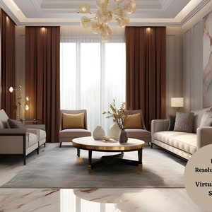 May include: A living room interior design with two beige sofas, two armchairs, a round coffee table with a gold trim, a rug, and brown curtains. The room has a white ceiling with decorative molding and a large painting on the wall.
