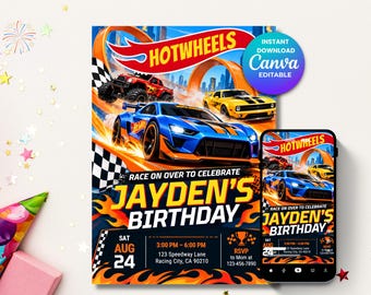 Invito di compleanno a tema Hot Wheels, invito per festa di compleanno a tema auto da corsa, invito di compleanno a tema corse, invito di compleanno per bambino, modificabile su Canvas