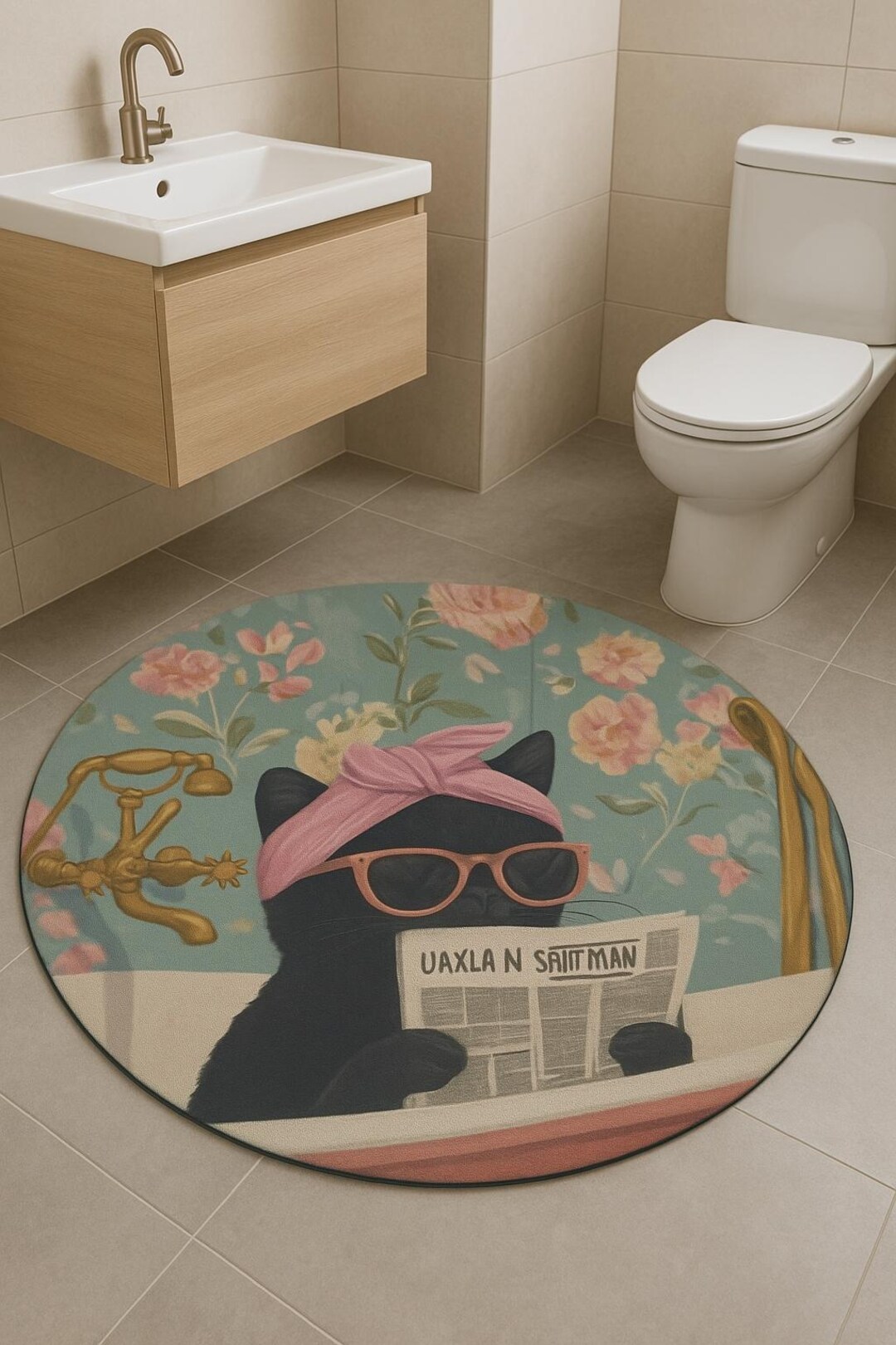 Black Cat Round Rug – Vintage Flat Printed Bathroom Mat, Retro Cat Art ...