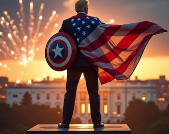 May include: A man dressed in a suit stands in front of a building with a large American flag draped over his shoulders. He is holding a Captain America shield in his left hand. The background is a sunset with fireworks in the sky.