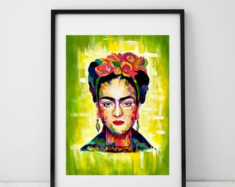 Frida Khalo print, feminist wall art, Frida Khalo colorful, abstract portrait, Original artwork, print & sticker bundle option