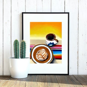 Pan con cafe fine art print, mexican kitchen art, mexican art, mexican culture food art,mexican restaurant paintings, mexican wall art