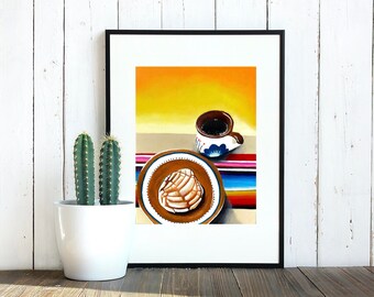 Pan con cafe fine art print, mexican kitchen art, mexican art, mexican culture food art,mexican restaurant paintings, mexican wall art