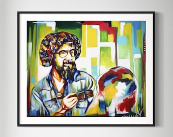 Bob Ross Inspired Fine Art Print , Colorful Abstract Portrait, Modern Pop Art Wall Decor