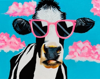 Sassy Cow with glasses painting, cow print, wall art decor, cow art