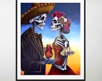 Amor Eterno, Impresión artística mexicana del Día de los Muertos, Arte de pared de pareja de esqueletos románticos, Decoración del Día de los Muertos, Impresión de arte folclórico latino