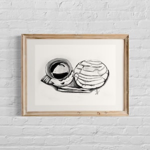 Cafe de canelita con pan, Fine art print, graphite drawing, mexican art