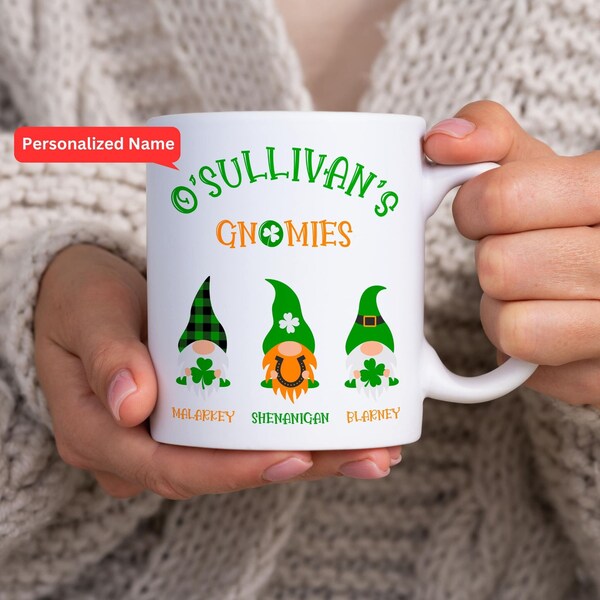 Personalized St. Patrick's Day Mug with Three Irish Gnomes Malarkey, Shenanigan and Blarney, Custom Irish Coffee Mug, Irish Themed Gifts