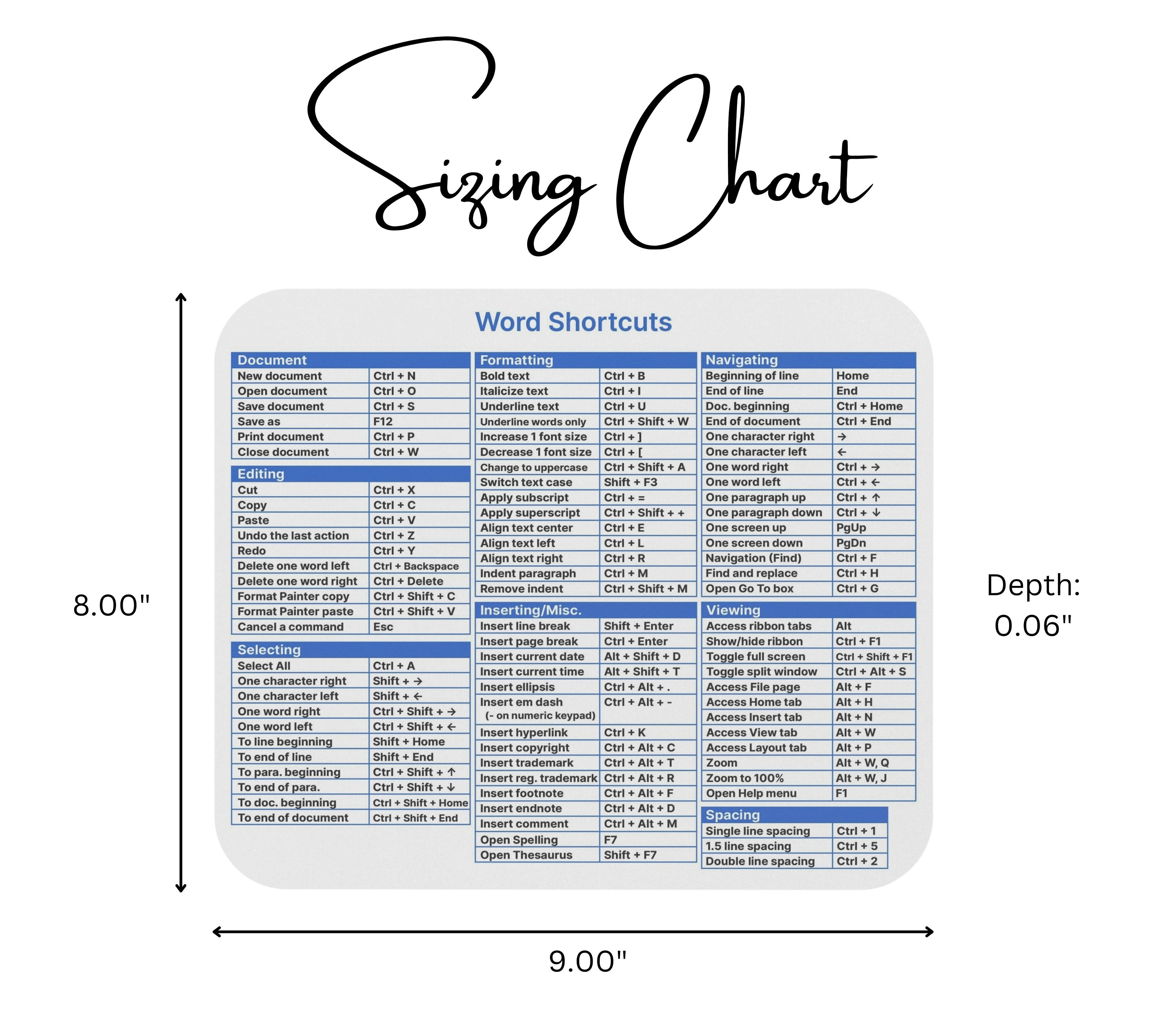 Word Shortcuts Mouse Pad With Grid, Easy to Read Keyboard Shortcuts for ...