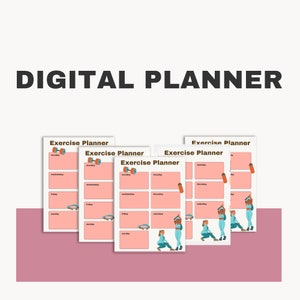 Puede incluir: Cinco páginas imprimibles de planificador de ejercicios con fondos rosas e ilustraciones de mujeres haciendo ejercicio. Cada página tiene el título "Exercise Planner" y enumera los días de la semana.