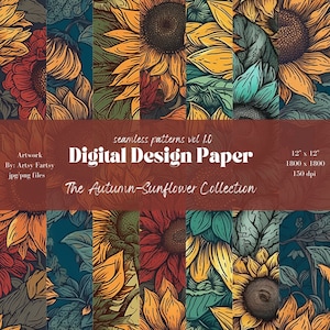 Sunflower Digital Paper - Illustrated Scrapbook Papers - Seamless Patterns - Digital Background - Printable Paper Set - Floral Leaves
