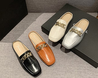 Leather Square Toe Flat Loafers