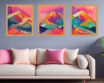 Set minimalista di arte di montagna ad acquerello / Stampe Boho Landscape Trio / Decorazione murale della Galleria di metà secolo