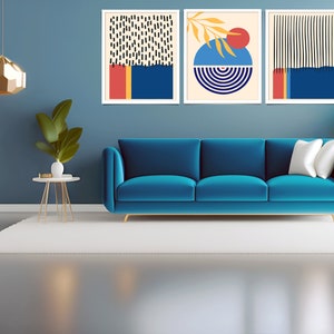 Navy Blue Wall Art Gallery Set of 3| Mid-century Abstract| Bohemian Home Decor| Printable Wall Art| Blue Rust Terracotta Print