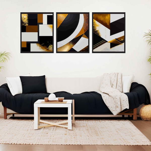 Abstract Line Art Trio in Black & Gold, Modern Wall Decor Set, Stylish Home Accents